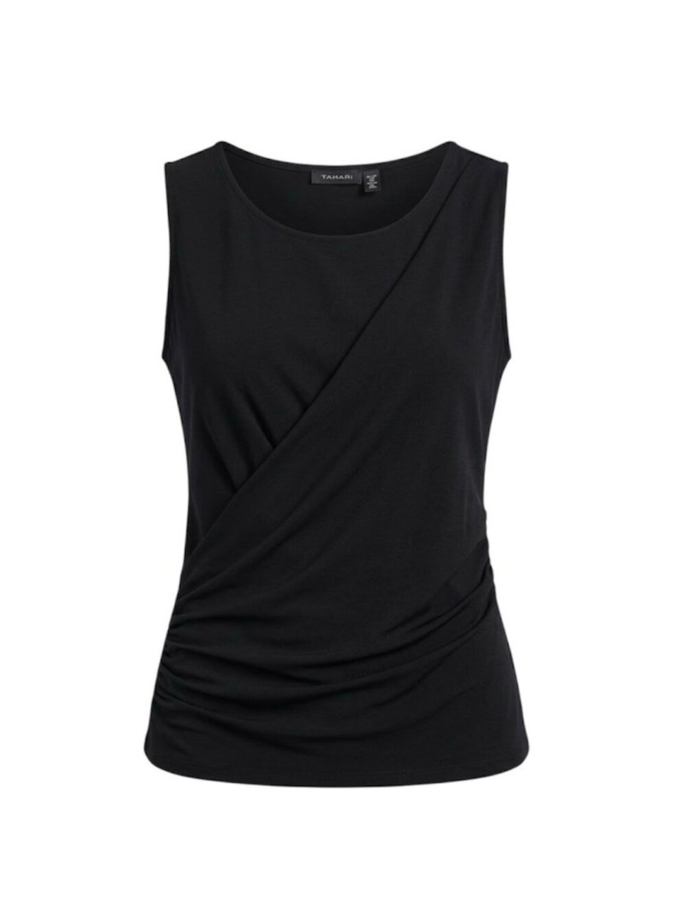 Tahari Black Sleeveless Faux Wrap Top Ruched Side Tank Blouse Size M